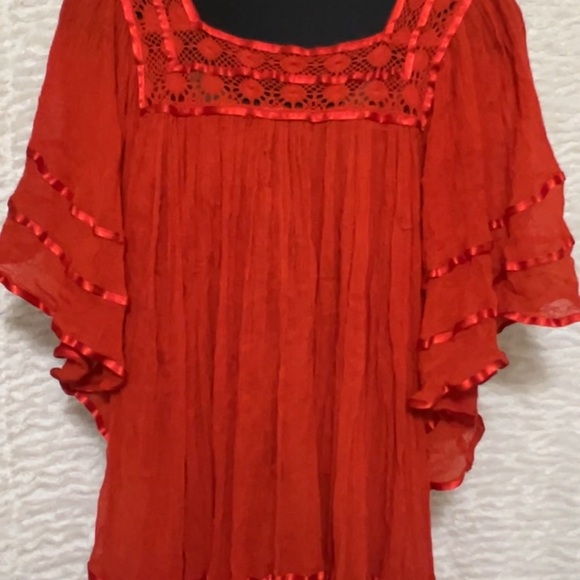 Puebla Mexican burnt Orange Blouse w/ribbon trim. Beautiful for any fiesta. - Picture 2 of 2